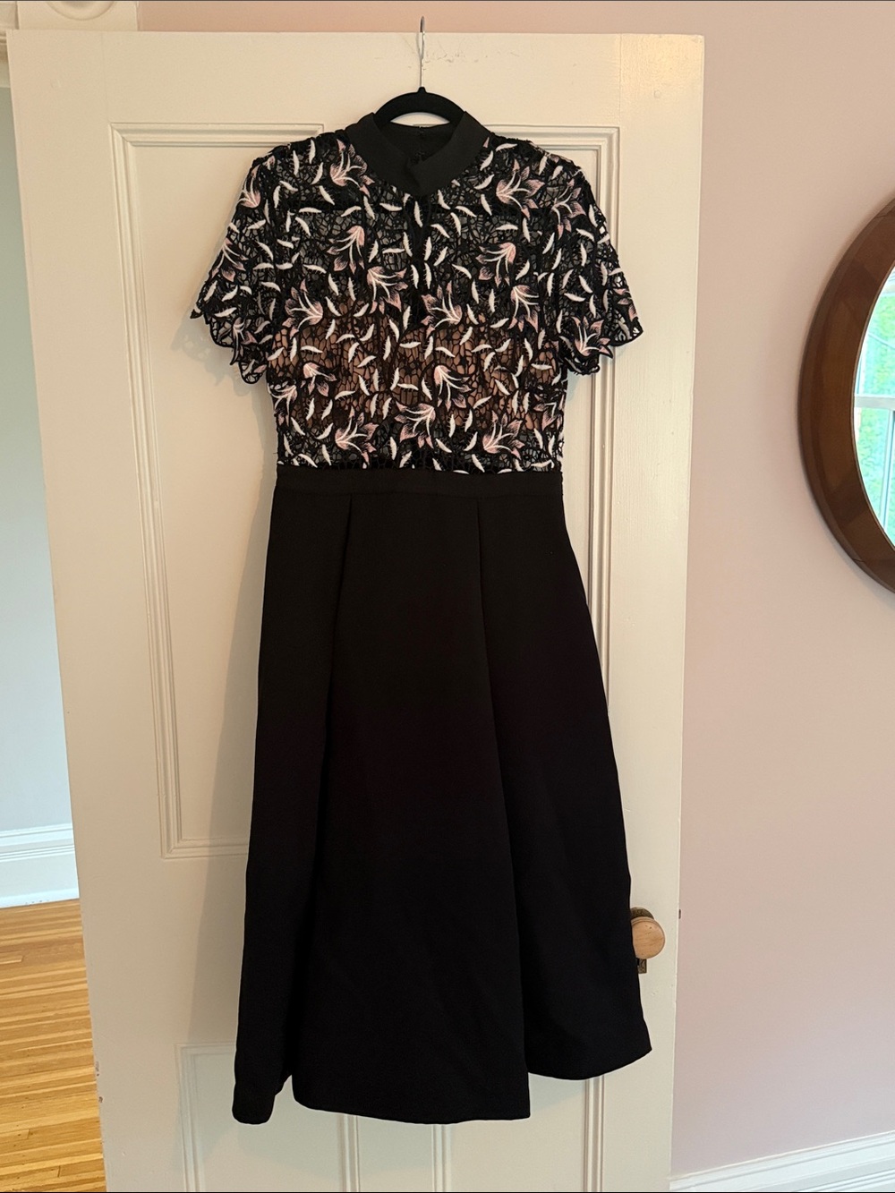Self-Portrait Black Midi Dress with White and Pale Pink Embroidered Bodice